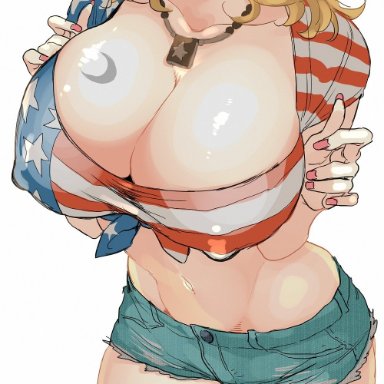 american flag shirt, big breasts, blonde hair, cleavage, curly hair, dead by daylight, erect nipples, hips, hkkwz, huge breasts, kate denson, long hair, nail polish, navel, necklace