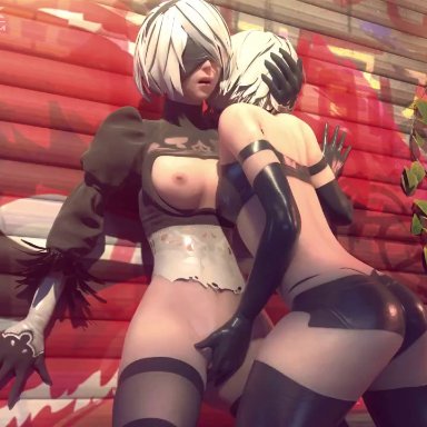 2girls, 3d, animated, areolae, ass, blender, breasts, female, female only, fingering, hydrafxx, nier, nier: automata, nipples, pussy