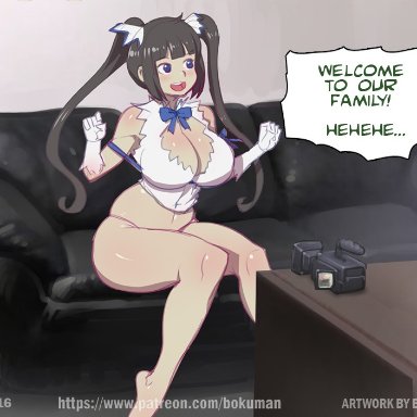 !, ..., artist name, ass, bangs, barefoot, black hair, blue eyes, blunt bangs, blush, bokuman, bowtie, breasts, camcorder, casting couch