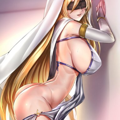 against wall, ass, badcompzero, bent over, blindfold, blonde hair, clothing, female, female only, goblin slayer, hair, long hair, revealing clothes, seductive, solo