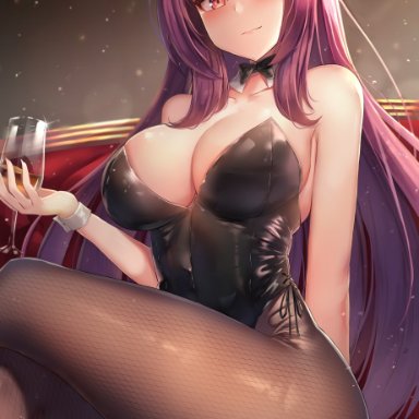 blush, bunny ears, bunnysuit, fate (series), fate/grand order, female, female only, long hair, looking at viewer, motokonut (artist), pantyhose, purple hair, red eyes, scathach (fate/grand order), shiny