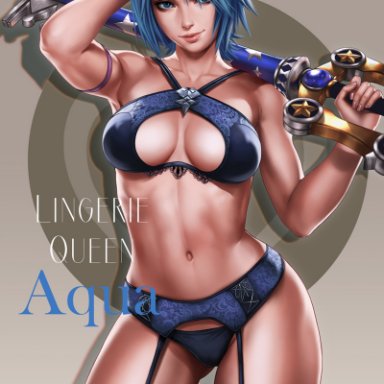 1girl, abs, aqua (kingdom hearts), blue bra, blue eyes, blue hair, blue panties, bra, breasts, dandon fuga, female, female only, garter belt, garter straps, keyblade