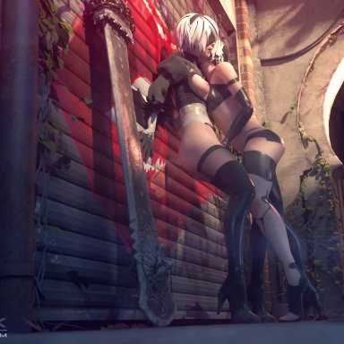 2girls, 3d, animated, areolae, ass, blender, breasts, elbow gloves, female, female only, fingering, hydrafxx, masturbation, nier, nier: automata