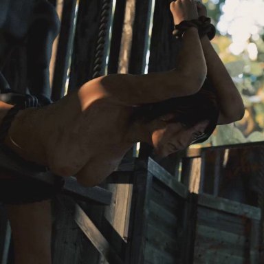 1boy, 1girl, 3d, animated, bent over, big breasts, blender, bondage, bouncing breasts, fatcat17, female, from behind, interracial, lara croft, male