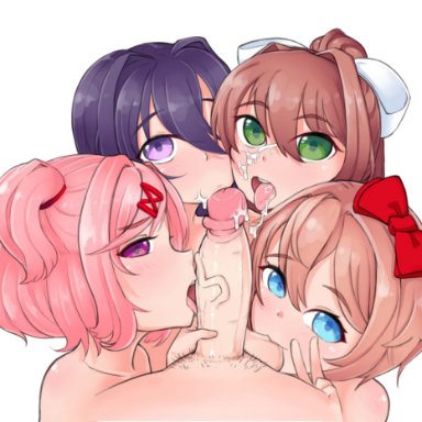 1boy, 4girls, blue eyes, bow, brown eyes, cock worship, cum, doki doki literature club, fellatio, green eyes, hair ornament, licking, looking at viewer, monika, natsuki (doki doki literature club)