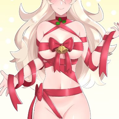 blush, bondage, breasts, censored, christmas, christmas outfit, convenient censoring, corrin (fire emblem), female, female my unit (fire emblem if), fire emblem, fire emblem heroes, fire emblem if, gift, hair between eyes