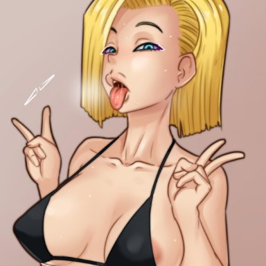 1girl, accelart, android 18, big breasts, blonde hair, blue eyes, cleavage, curvy, dragon ball, erect nipples, erect nipples under clothes, female, huge areolae, milf, puffy nipples