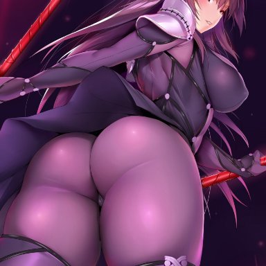 artist request, ass, bodysuit, breasts, fate (series), fate/grand order, female, female only, from below, long hair, purple hair, red eyes, scathach (fate/grand order), shiny, skin tight