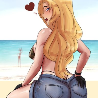 aestheticc-meme, back, beach, big ass, big breasts, bikini top, blonde hair, blue eyes, clothed, edit, rwby, saphron cotta-arc, shorts, solo