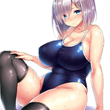 arm support, ass, blush, breasts, cleavage, clothed, collarbone, covered navel, female, female only, front view, hair over one eye, hairclip, hamakaze (kantai collection), huge breasts