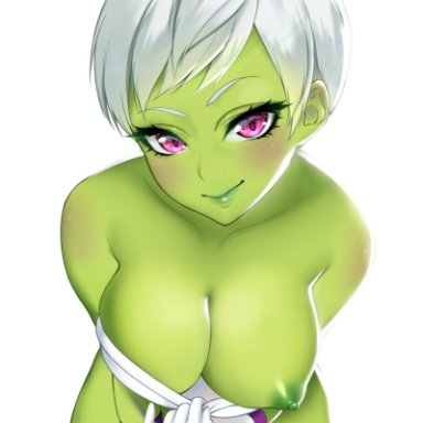 1girl, alien, areolae, big breasts, blush, breasts, cheelai, dragon ball, dragon ball super, dragon ball super broly, female, female only, gloves, green skin, large breasts