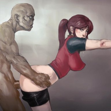 1boy, 1girl, ass, bent over, capcom, claire redfield, clothing, dochyde, doggy style, duo, female, fingerless gloves, gloves, male, monster