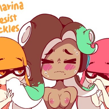 > <, 2d animation, animal humanoid, animated, blush, breasts, cephalopod, cephalopod humanoid, closed eyes, dark skin, diives, domino mask, facial, female, female/female