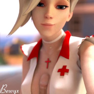 3d, animated, bewyx, blender, blizzard entertainment, blonde, blue eyes, breasts, cleavage, clothed, eyeshadow, hand on stomach, looking at viewer, makeup, mercy