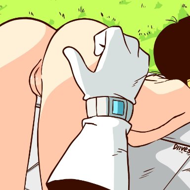 1girl, all fours, alternate version available, animated, anus, arena, ass, bent over, black hair, blue eyes, canon couple, diives, dragon ball, dragon ball fighterz, dragon ball z