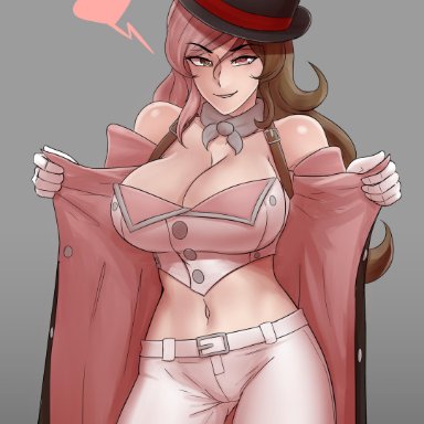 aestheticc-meme, big breasts, brown eyes, brown hair, cleavage, clothing, crop top, fully clothed, heart, heart-shaped pupils, looking at viewer, midriff, multicolored hair, neo (rwby), pants