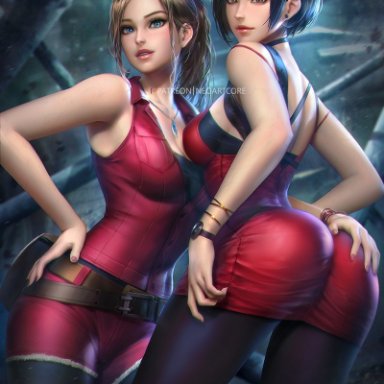 2girls, ada wong, ass, breasts, claire redfield, cleavage, female, female only, hand on ass, looking at viewer, looking back, neoartcore, resident evil