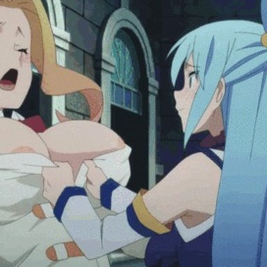 2d, anime, aqua (konosuba), areolae, big boobs, big tits, blonde hair, blue hair, blush, boobs, bouncing breasts, breasts, exposed breasts, gif, kono subarashii sekai ni shukufuku wo!