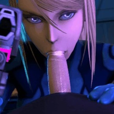 1boy, 1girl, 3d, aiming, all pov, animated, animated gif, blonde hair, blue eyes, bodysuit, fellatio, female, femdom, forced, gun