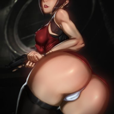 ada wong, ass, breasts, cameltoe, cleavage, female, looking at viewer, looking back, male only, muscles, muscular, muscular female, panties, resident evil, solo