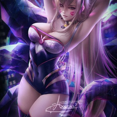 ahri, axsens, breasts, cleavage, cosplay, d.va, female, female only, k/da ahri, k/da series, league of legends, looking at viewer, overwatch, solo, thighhighs