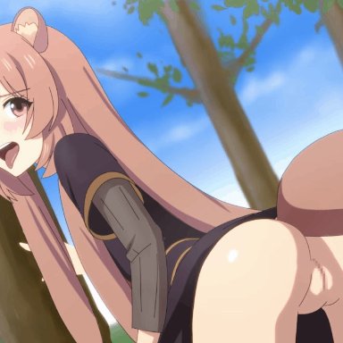 animal ears, animated, armor, artist name, ass, belt, blush, breastplate, breasts, brown hair, bush, censored, collar, coro, cross-laced clothes