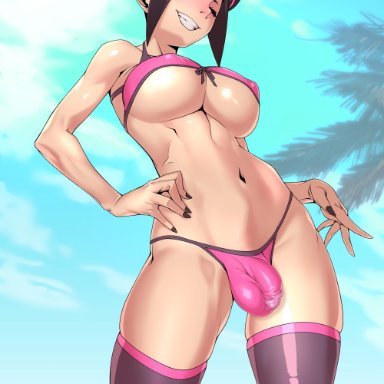 1futa, bare shoulders, big breasts, bikini, black hair, blue sky, blush, breasts, bulge, cameltail, cameltoe, day, drill hair, erect nipples, futa only