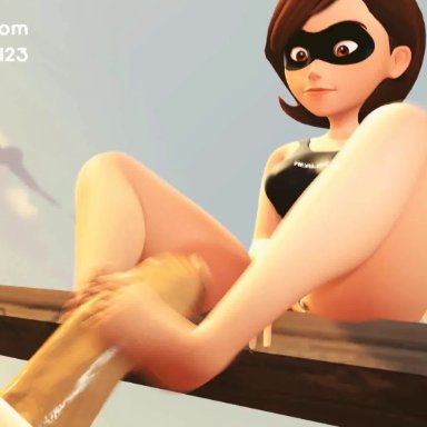 3d, animated, big penis, brown hair, cum, cum on leg, engineer (team fortress 2), feet, female, foot fetish, footjob, helen parr, male, mature female, milf