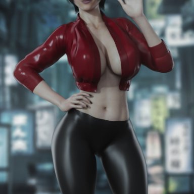 1girl, 3d, 3dcg, abs, ada wong, asian, belly, biohazard, black hair, breasts, cleavage, female, female only, huge breasts, jacket