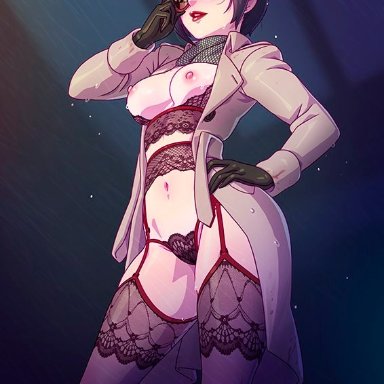 ada wong, areolae, black hair, breasts, capcom, clothing, coat, exposed breasts, female, female only, glasses, hair, kajinman, lingerie, nipples