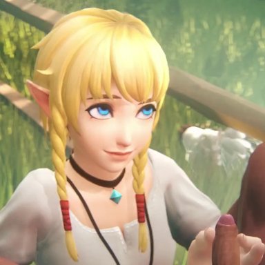 3d, animated, big penis, blonde hair, blue eyes, dark skin, dark-skinned male, erection, female, handjob, hyrule warriors, interracial, kreamu, linkle, male