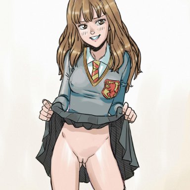 black thighhighs, blush, brown eyes, brown hair, flashing, harry potter, hermione granger, nipple bulge, pussy, smile, teenager, tekuho, thighhighs, uniform