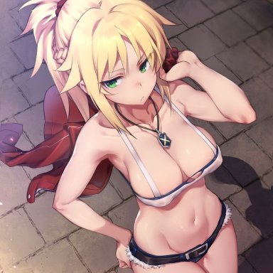 blonde hair, breasts, carelessly dressed, denim shorts, fate (series), fate/apocrypha, fate/grand order, female, green eyes, medium breasts, midriff, mordred, mordred (fate), navel, outdoors