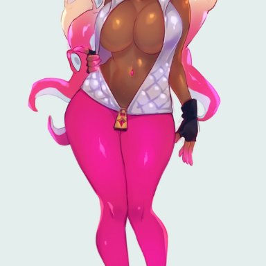 1girl, abs, big breasts, breasts, cephalopod, cephalopod humanoid, cleavage, clothing, cosplay, dark skin, dark-skinned female, female, female only, fusion, headphones