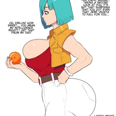 1girl, blue eyes, bulma briefs, cleavage, curvy, dragon ball, female, huge ass, huge breasts, jay-marvel, milf, short hair, thick lips, voluptuous, wide hips