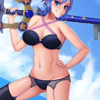 1girl, 2019, abs, aqua (kingdom hearts), belly, blue bra, blue eyes, blue hair, blue panties, bra, breasts, eyelashes, female, female only, hair