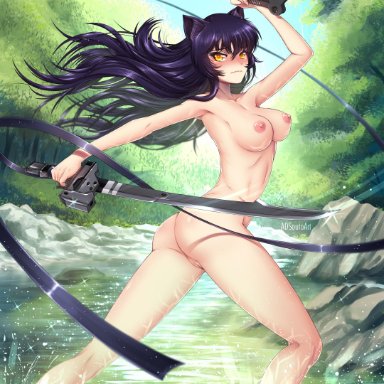 adsouto, animal ears, areolae, armpits, arms up, ass, big breasts, black hair, blake belladonna, blush, breasts, cat ears, female, large breasts, long hair