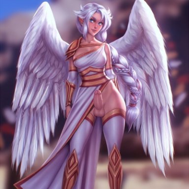 angel, balls, breasts, cleavage, clothed, clothing, dickgirl, erection, feathers, futa only, futanari, hair, humanoid, intersex, legwear