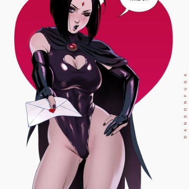 breasts, cleavage, dandon fuga, dc, female, female only, leotard, looking at viewer, raven, solo, speech bubble, teen titans, text