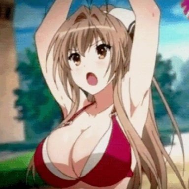 amagi brilliant park, animated, armpits, arms above head, artist request, bikini, bouncing breasts, cheerleader, sento isuzu