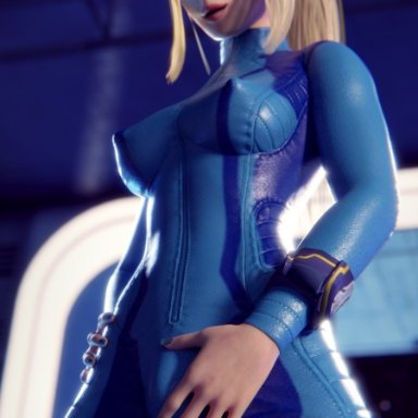 3d, blender, blonde hair, bodysuit, breasts, bulge, cleavage, dickgirl, futa only, futanari, looking at viewer, metroid, samus aran, solo, strapy