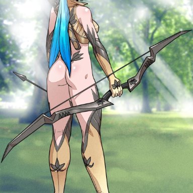 archer, armor, armored dress, arrows, ass, bare ass, blue hair, bottomless, bow, braided hair, braids, elf, fantasy, high heels, kneehighs