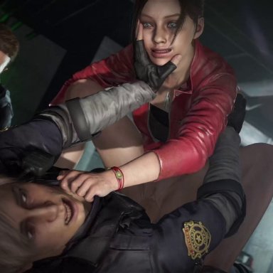 2boys, 3d, animated, capcom, chris redfield, claire redfield, cowgirl position, female, femdom, leon kennedy, leon scott kennedy, male, no sound, penis, pussy