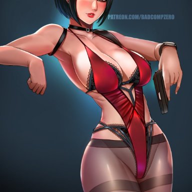 ada wong, badcompzero, blush, breasts, cleavage, female, female only, looking at viewer, panties, pantyhose, resident evil, solo