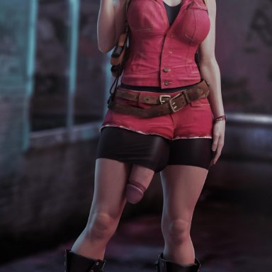 3d, absurdres, big penis, bike shorts, claire redfield, dickgirl, erection, futa only, futanari, highres, looking at viewer, penis, resident evil, solo, stevencarson