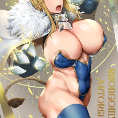 1girl, artoria pendragon (all), artoria pendragon (lancer), blonde hair, cat ears, claws, clothed, clothing, fate (series), fate/grand order, female only, glowing eyes, huge breasts, kunaboto, open mouth