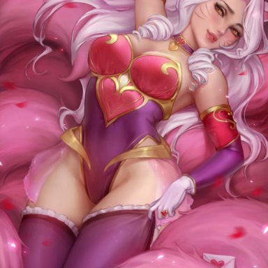 ahri, blush, breasts, cleavage, female, female only, kittew, league of legends, looking at viewer, solo, thighhighs