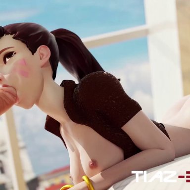 1boy, 1girl, 3d, animated, ass, bottomless, breasts, brown eyes, brown hair, clothed female nude male, consensual, d.va, deepthroat, duo, fellatio