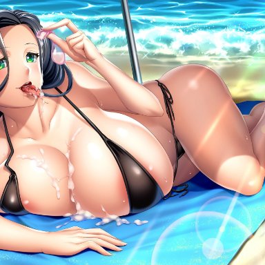 barefoot, beach, bikini, black hair, breasts, condom, curvy, female, gradient hair, green eyes, highres, huge breasts, licking, lilith-soft, long hair