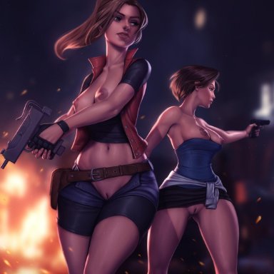 2girls, alternate version available, biohazard, blue eyes, claire redfield, cleavage, curvy, erect nipples, female, huge areolae, huge ass, huge breasts, jill valentine, personalami, puffy nipples